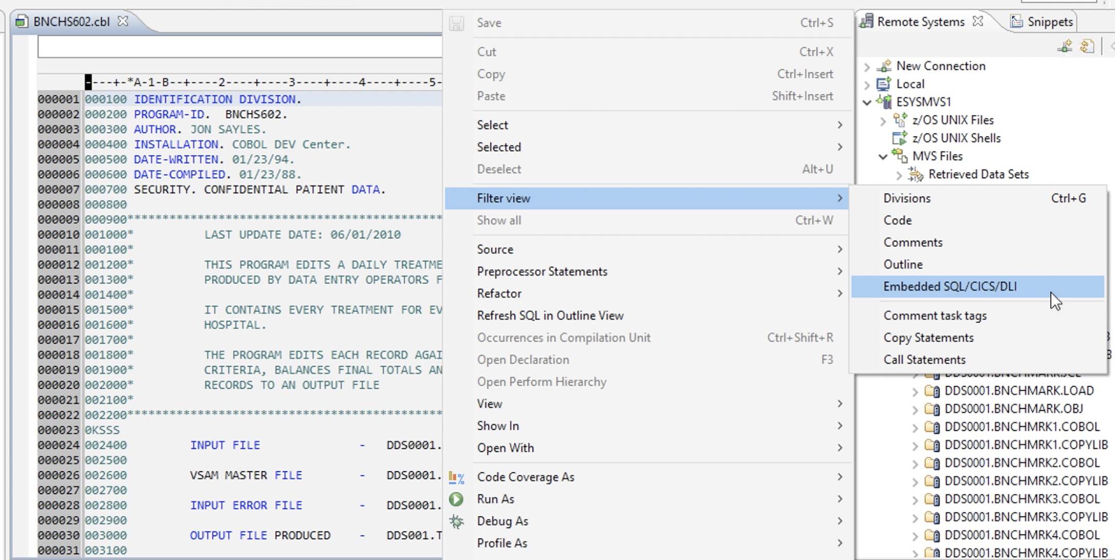 Use IBM Developer for z/OS with IBM Data Studio to test SQL statements inside COBOL source code