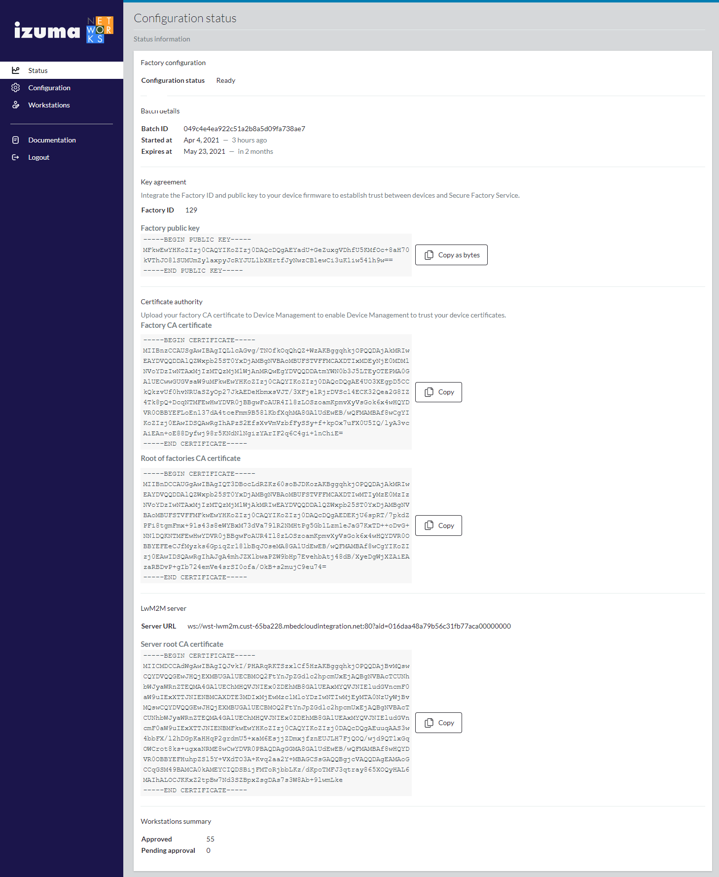 Viewing the Factory Service configuration status Secure Factory