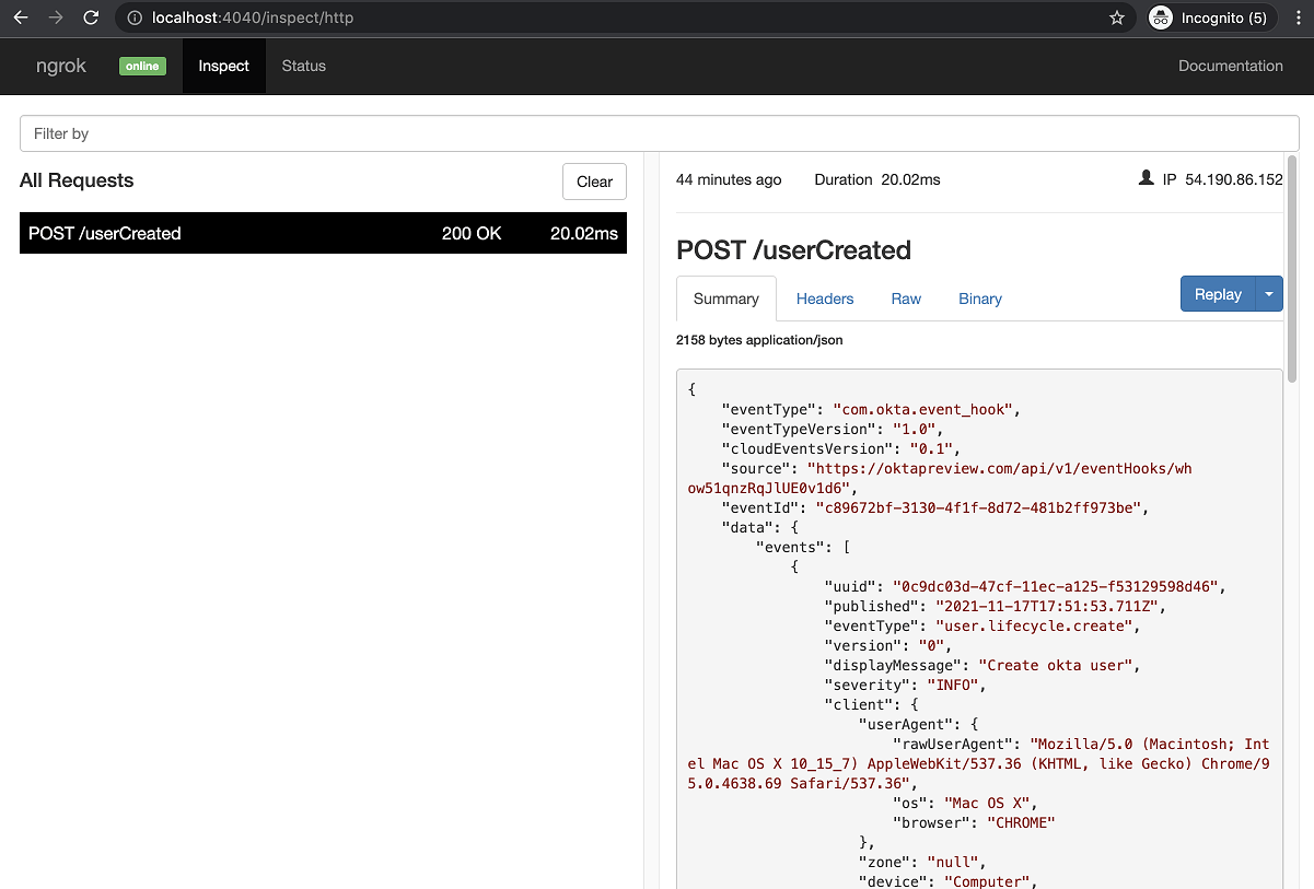 Event hooks with ngrok Okta Developer