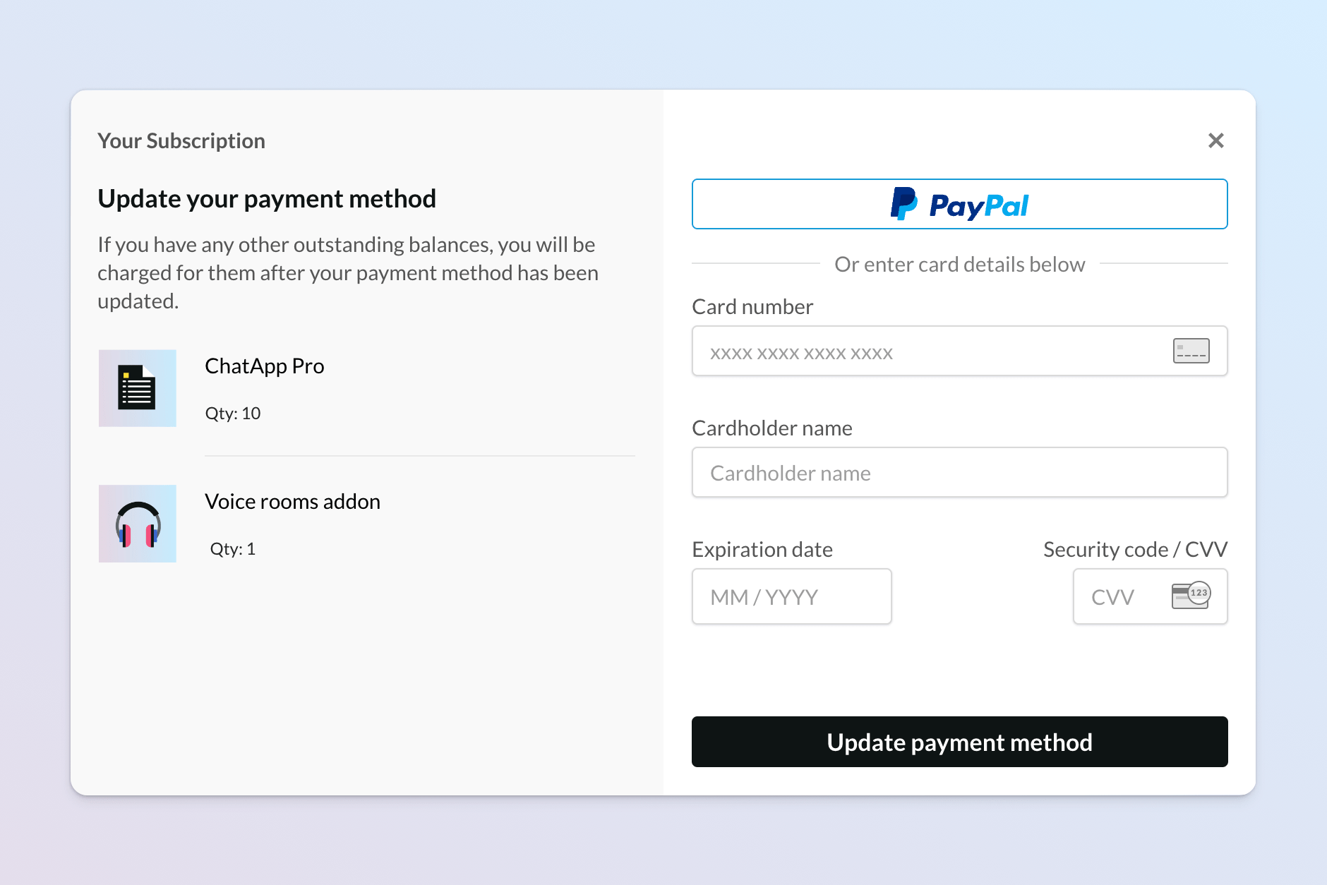 Update payment details Paddle Developer