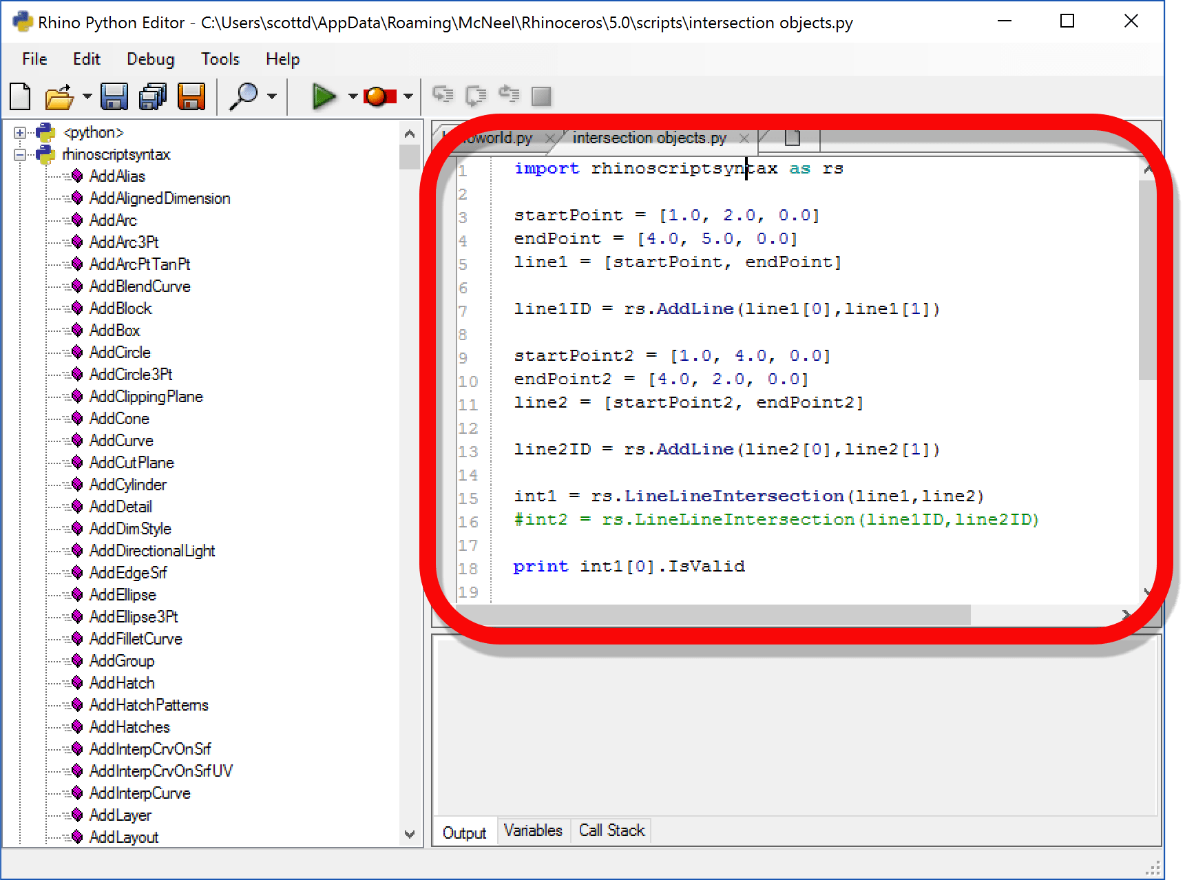 Editing a Python script in Rhino with Python
