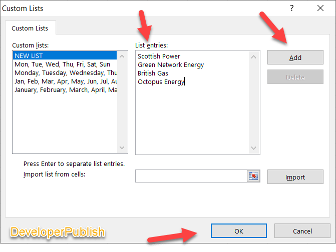 Custom List in Microsoft Excel Developer Publish