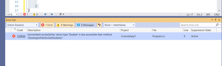 C Error CS0050 Inconsistent accessibility return type 'type' is