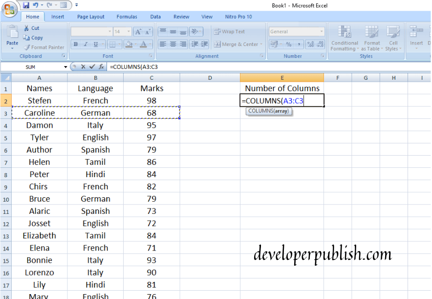 How to use COLUMNS function in Excel? Developer Publish