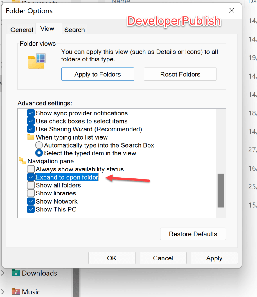 How to enable or disable Expand to Current Folder in Navigation Pane in