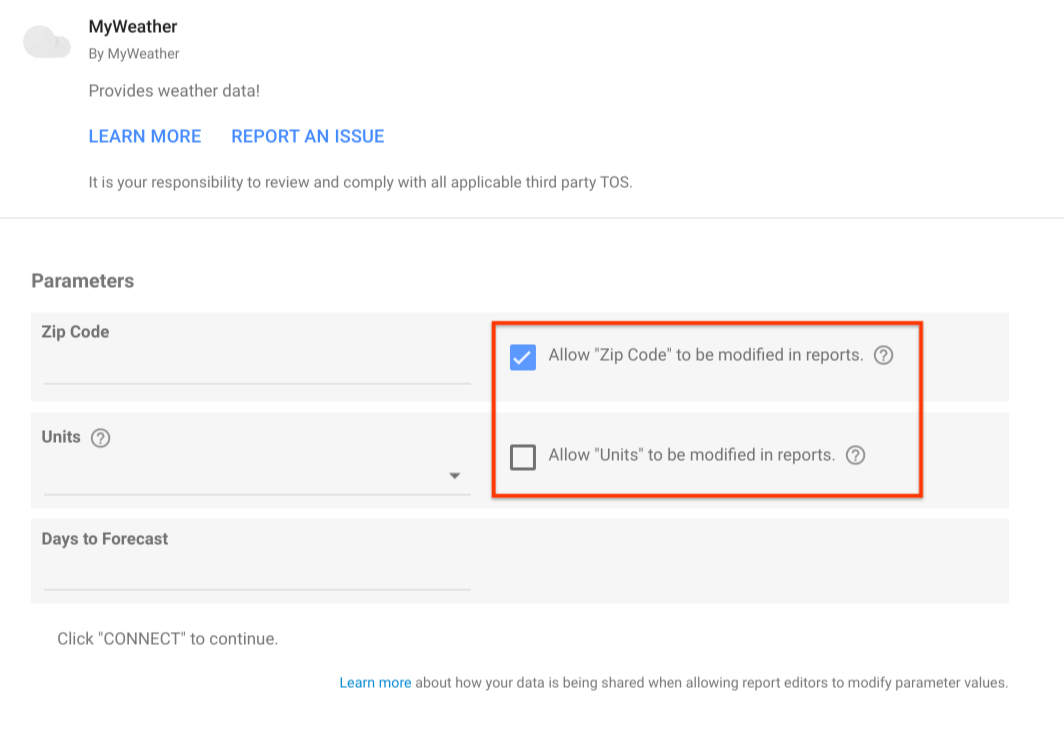 Overridable config parameters Community Connectors Google for
