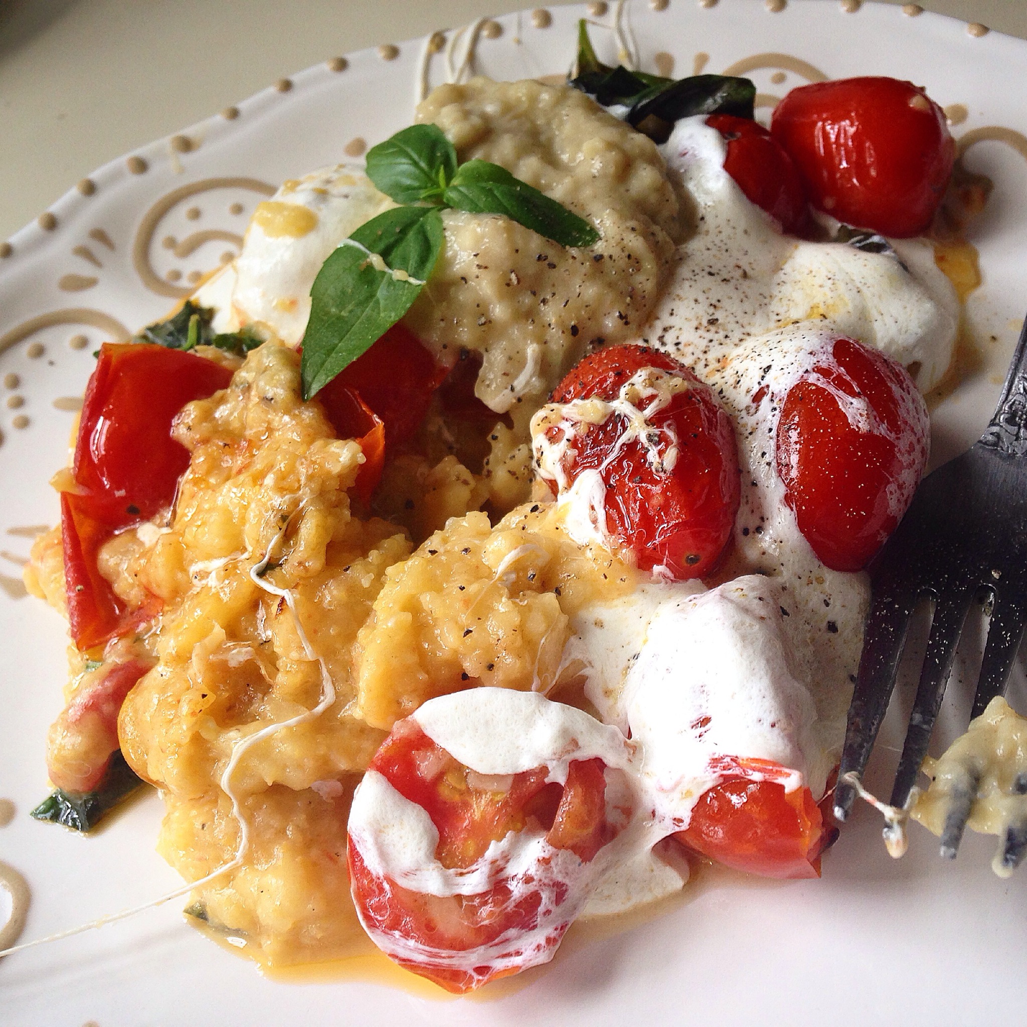 Leftover polenta with tomato bruschetta and local mozzarella