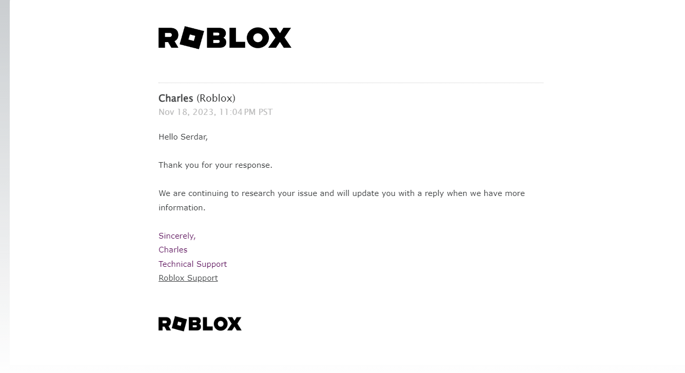 Transparency in Roblox customer service tickets site Features