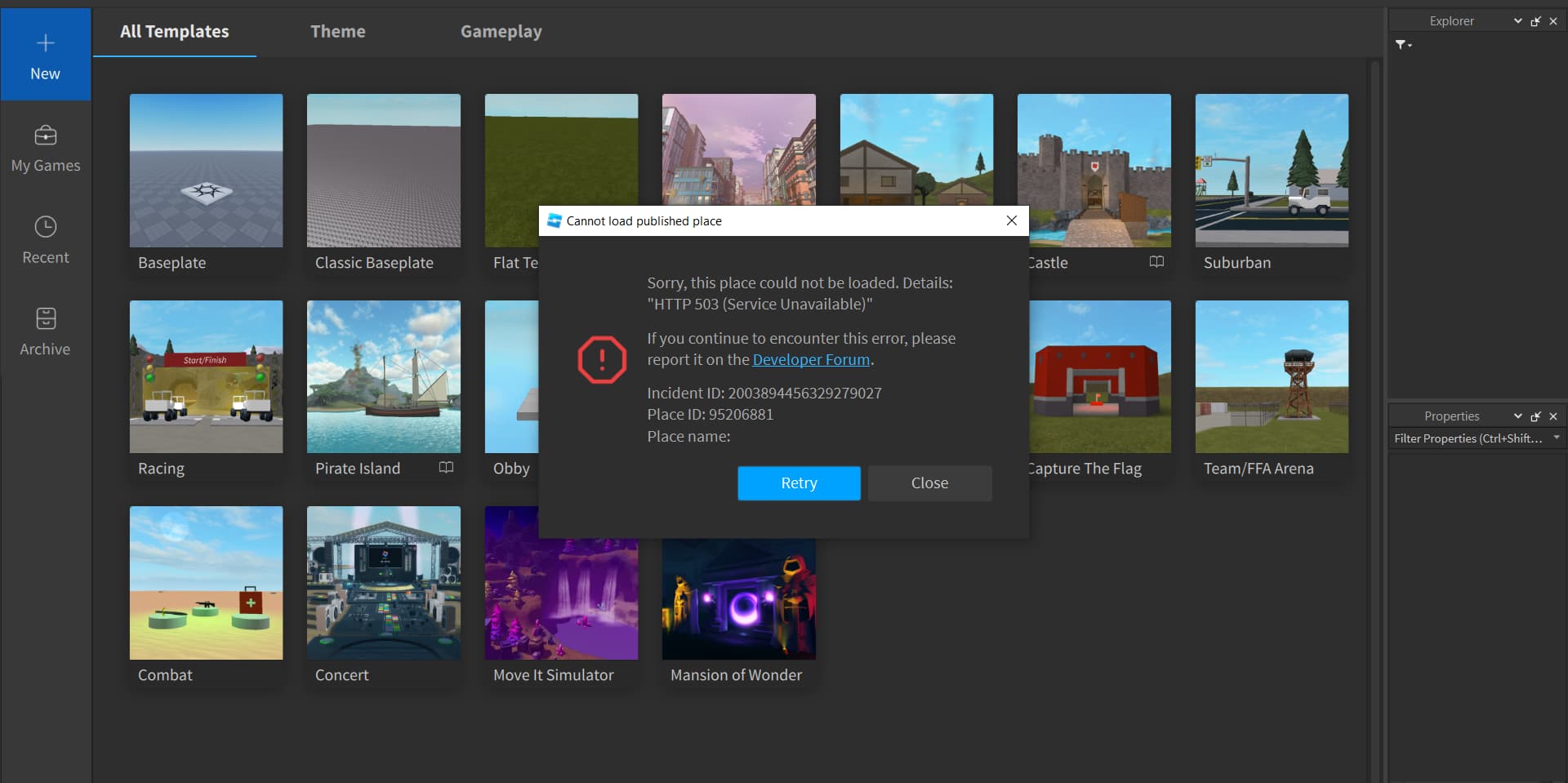 HTTP 503 Error when Opening Roblox Studio with Roblox Template