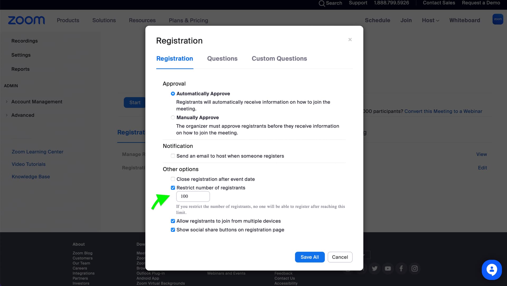 I need to restrict number of meeting registrants using meeting API