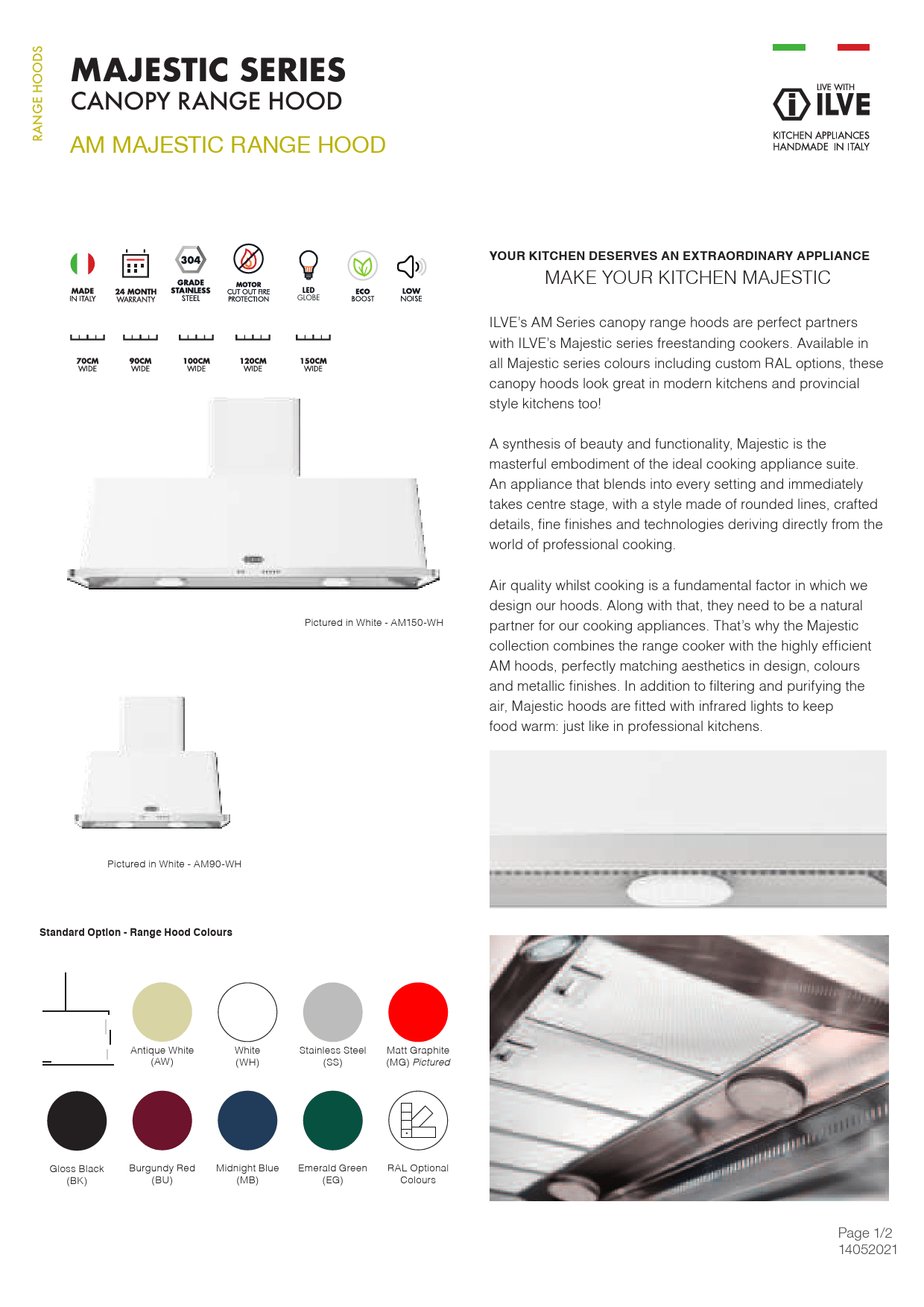 ILVE Majestic Series Canopy Range Hoods Technical Sheets and Support