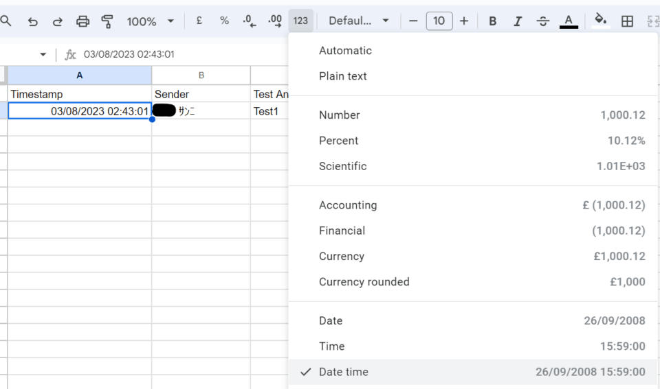 Slack Workflow Builder & Spreadsheet How to change the timestamp to a