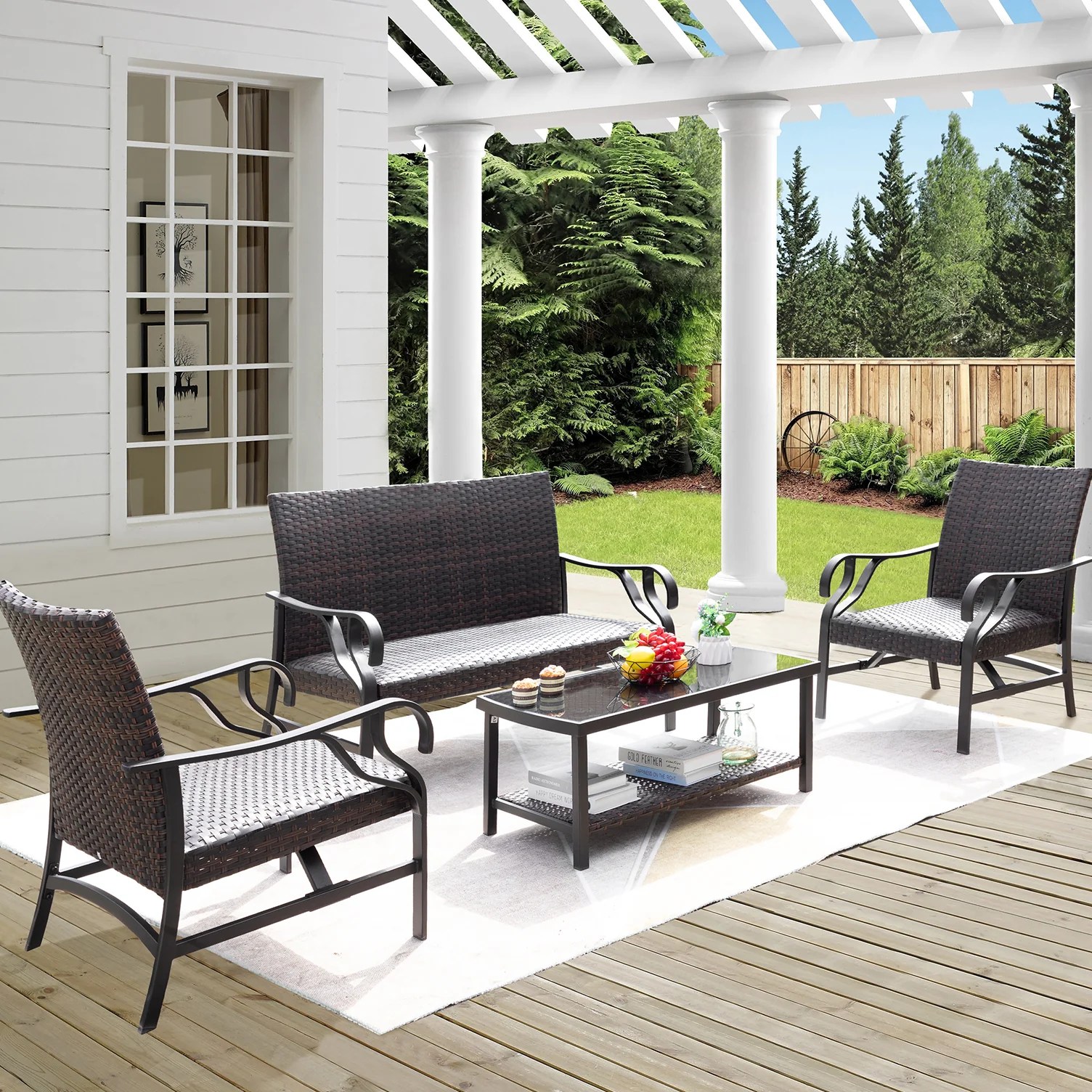 Devoko 4 Pieces Patio Set Outdoor Wicker Furniture Set with Coffee Tab