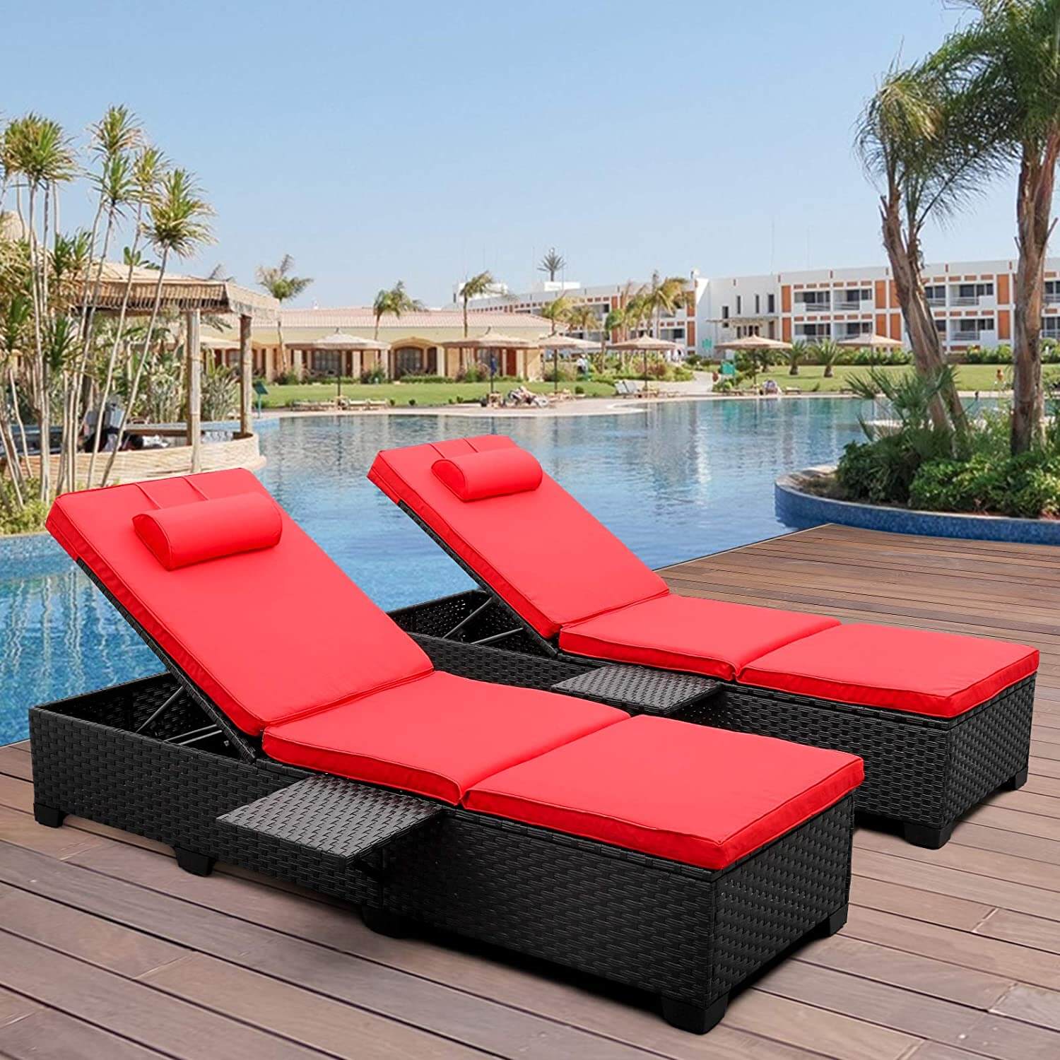 Devoko 2 Piece Patio Chaise Lounge, Rattan Reclining Chair Set with Ad
