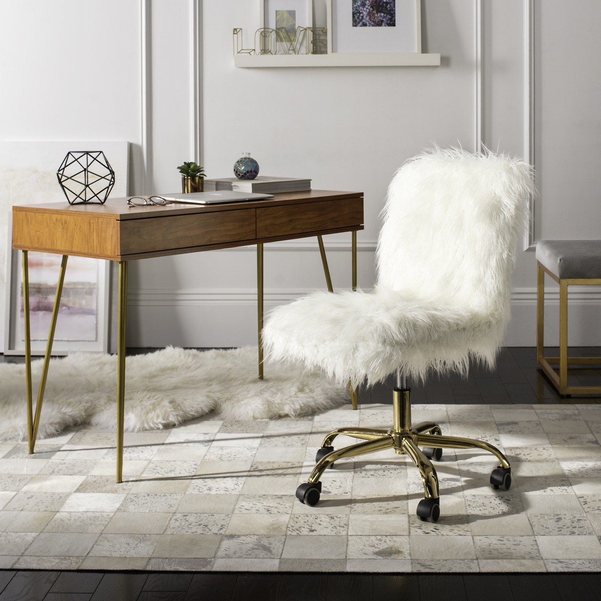 Whitney Faux Sheepskin Gold leg Swivel Chair White/Gold DeVolder