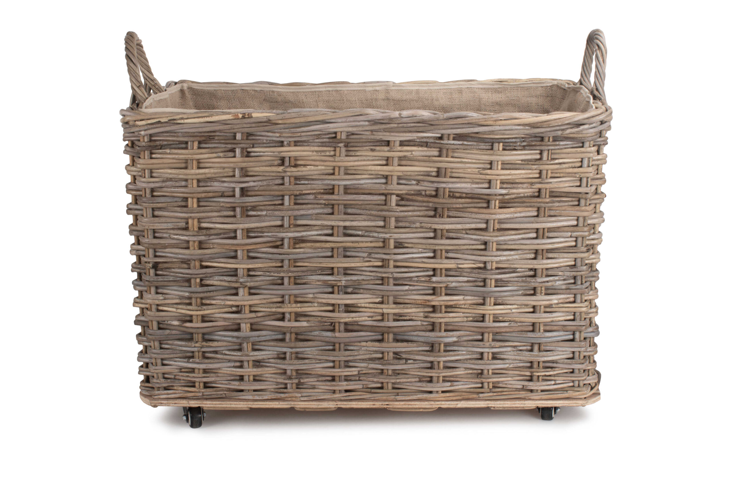 Large Wheeled Rattan Lined Basket Devon and Cornwall Logs