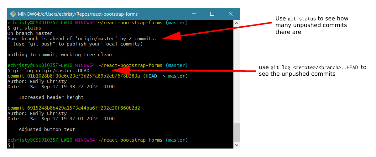 git show unpushed commits