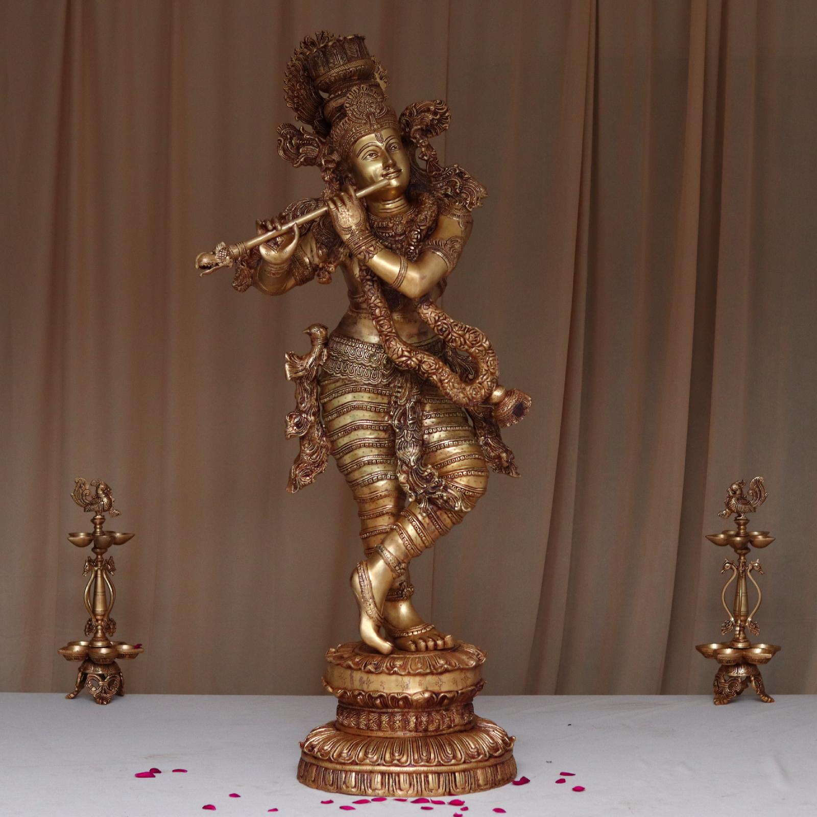 Exquisite Large Size Brass Lord Krishna Idol in Tribhangi Pose A