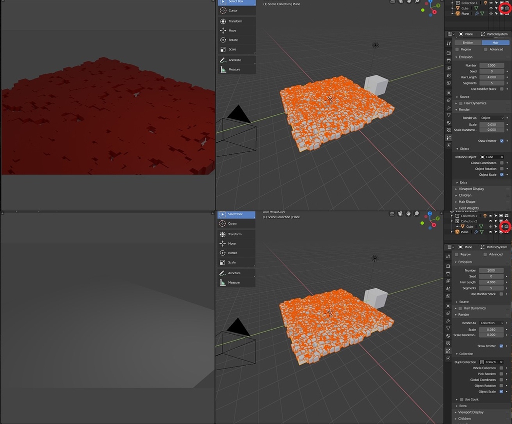 Blender 2.8 particle system using a collection, need objects to be