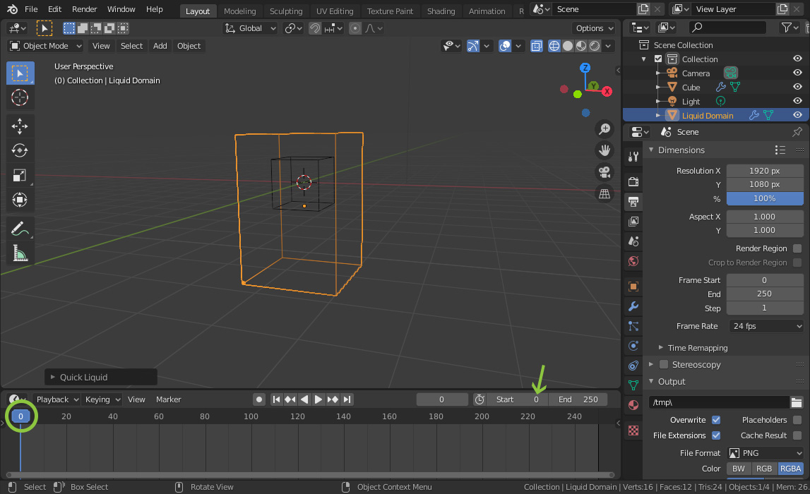 Blender's default timeline should start at frame 0 and end at 239