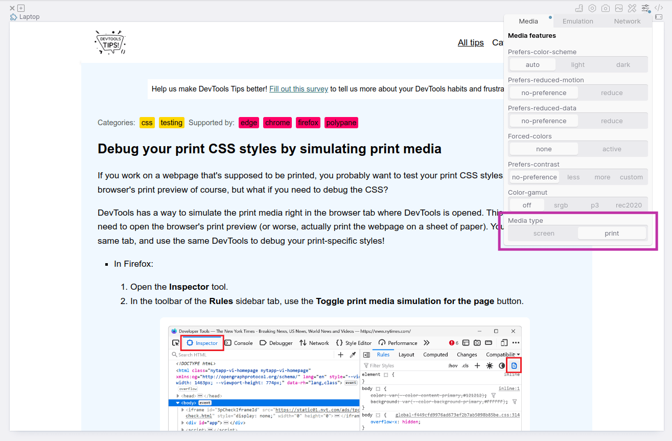 Debug your print CSS styles by simulating print media