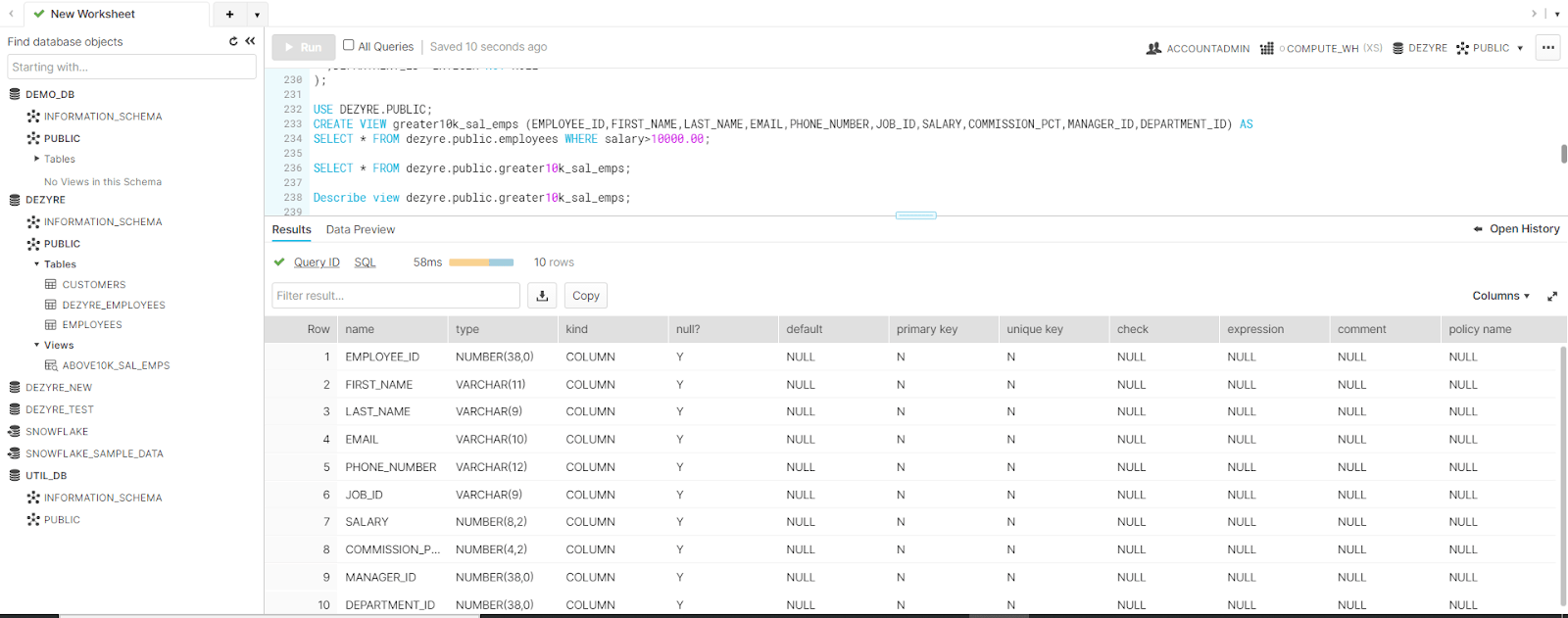 How to describe the view table in Snowflake