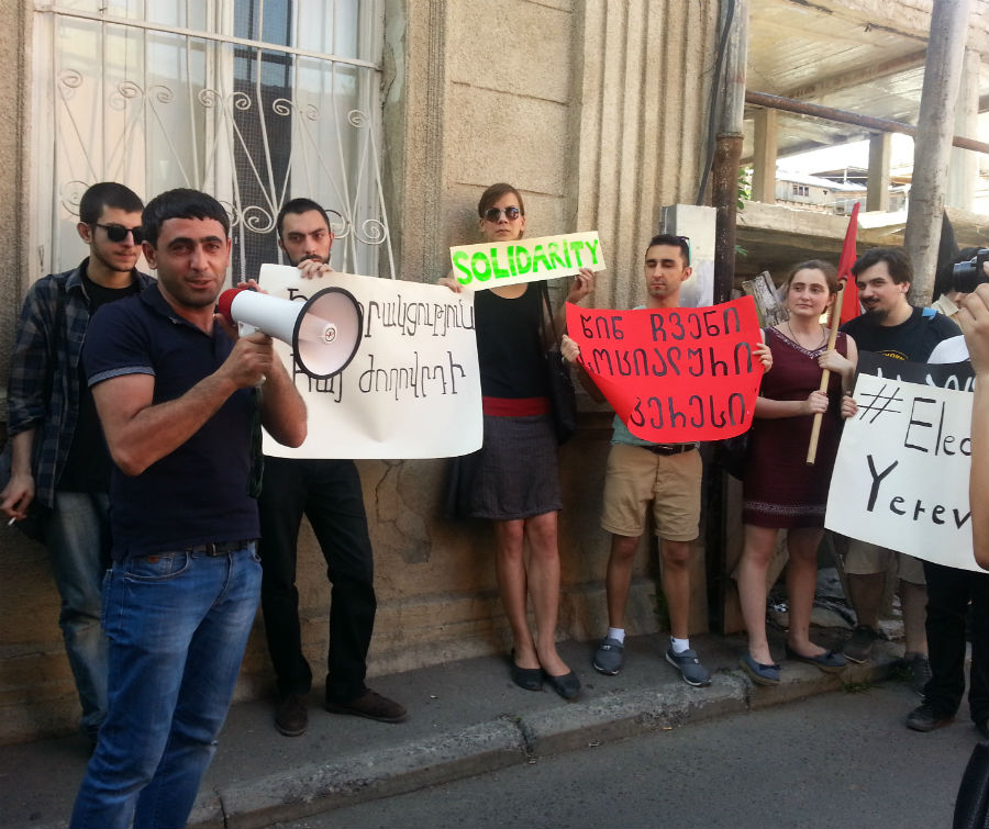 A small crowd in Tbilisi rallied to support Yerevan protesters