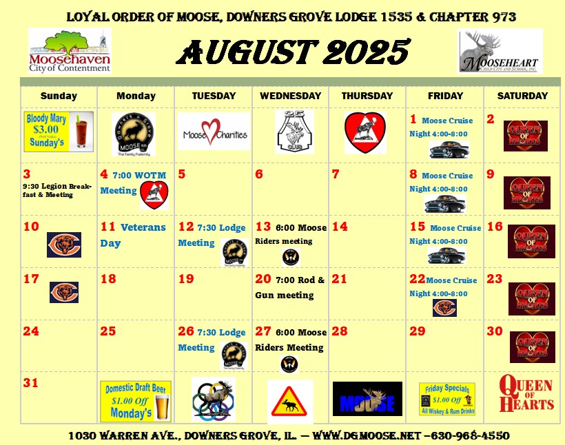 Calendar &amp; Events Loyal Order of Moose, Downers Grove Lodge 1535