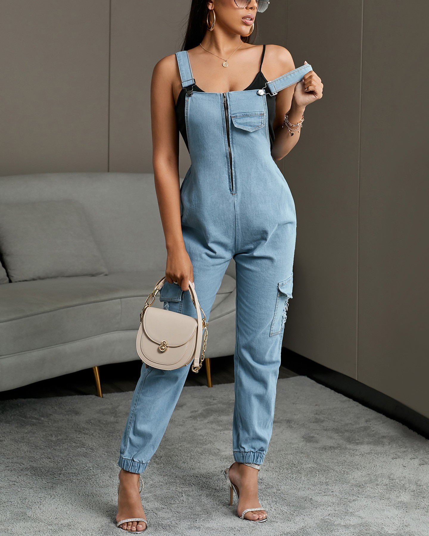 Denim Zip Front Suspender Jeans Online. Discover hottest trend fashion