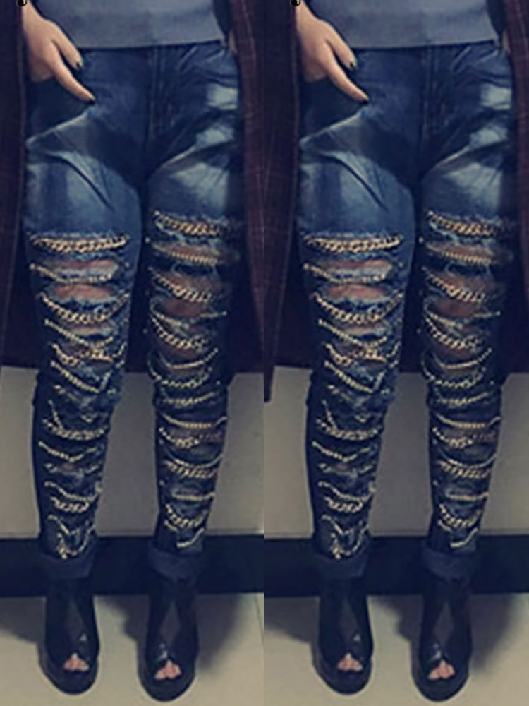 Fashion Women Ripped Chain Denim Jeans Online. Discover hottest trend