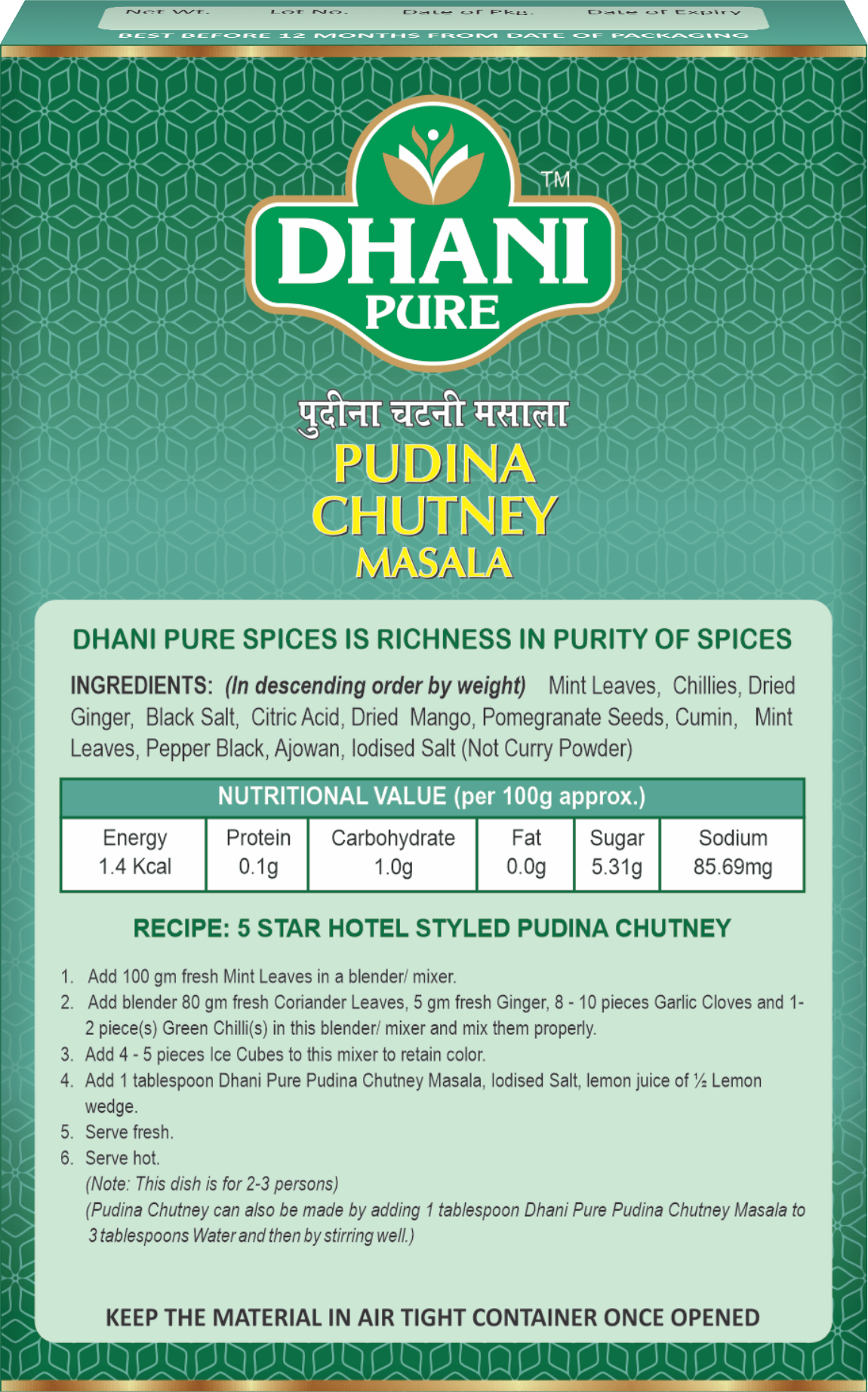 PUDINA CHUTNEY MASALA Dhani Pure Spices