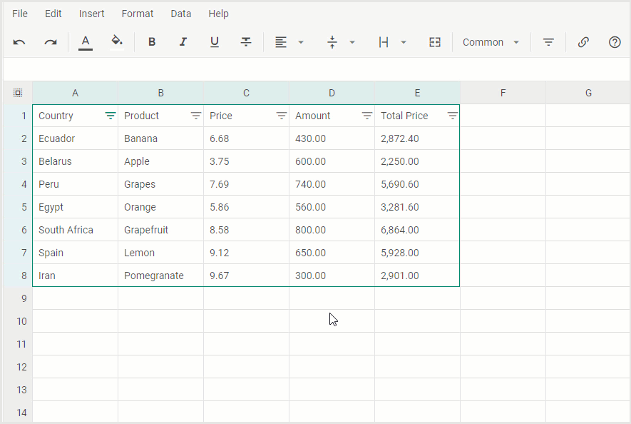 DHTMLX Spreadsheet 5.0 Searching and Filtering Data, Merging Cells,