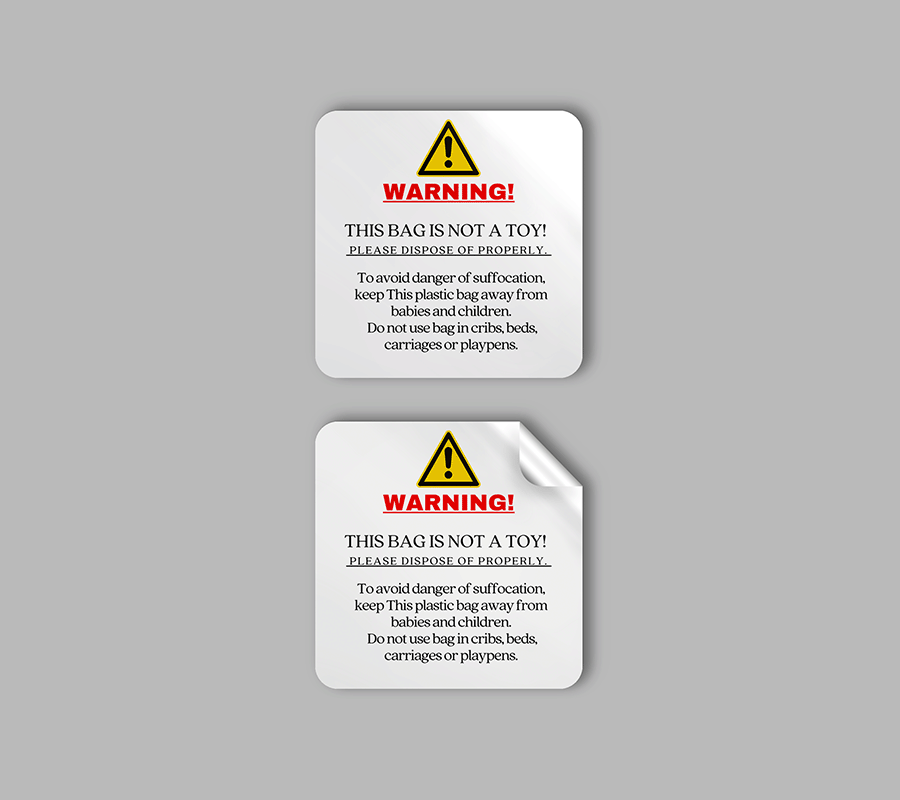 Square Suffocation warning labels, Cellophane Bags Hazard Sticker