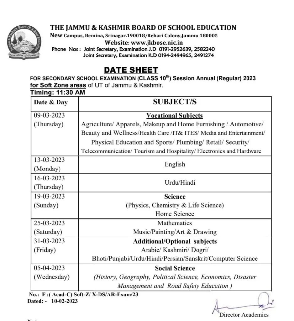 JKBOSE 10th,11th,12th Class Date Sheet Annual Regular 2023, Jammu and
