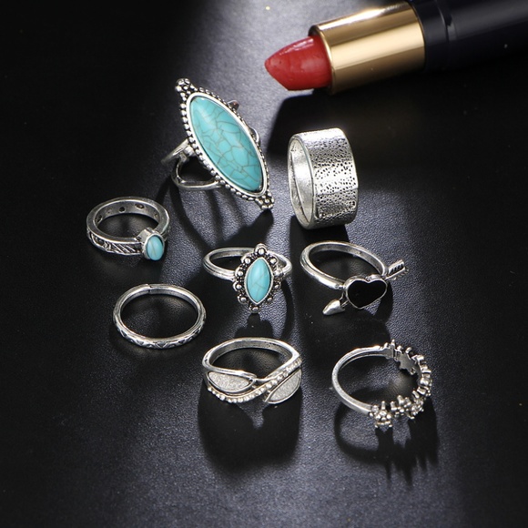 Bella Smyle Jewelry Rs3 8pcs Boho Silver Ring Set Turquoise Stones