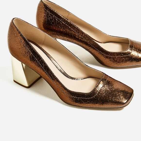 Zara Shoes Zara Bronze Metallic Block Heel Pumps Square Toe Poshmark