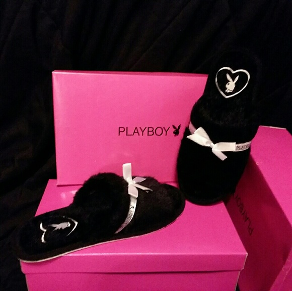 PLAYBOY Shoes New Playboy Black Fuzzy Satin Bow Slipper Shoes Xl
