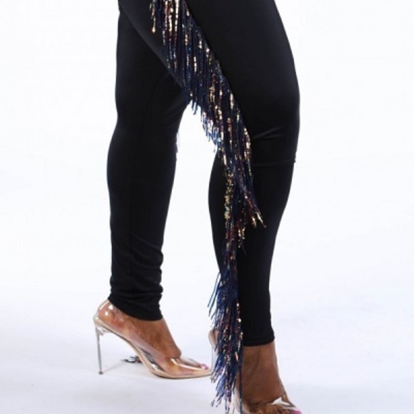 Quum Pants & Jumpsuits Black Pant With Sequin Fringe Plus Size