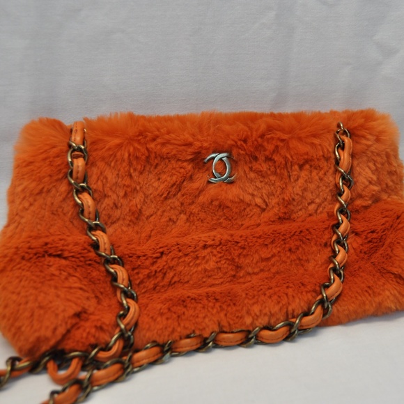 CHANEL Bags Chanel Lapin Chain Orange Rabbit Fur Shoulder Bag