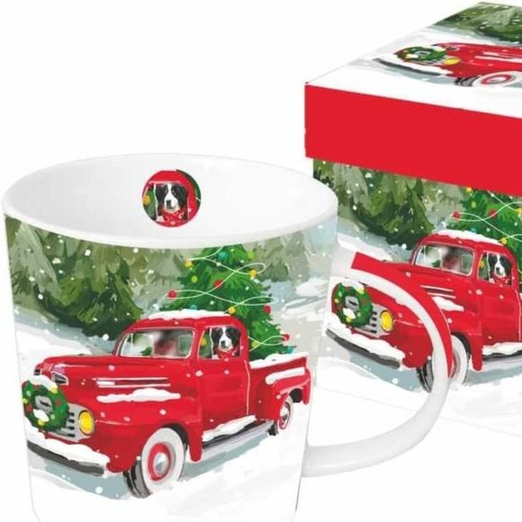 PPD Holiday Noahs Red Pickup In Gift Box Mug Red Truck Dog New