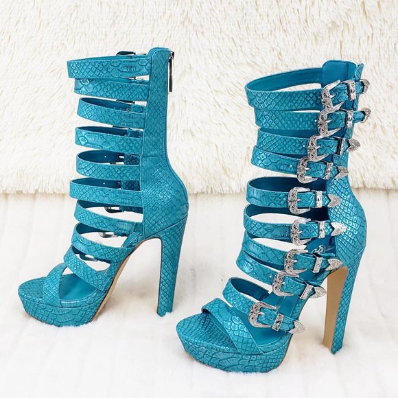 Draco Multi Strap Chunky High Heels Shoes Teal