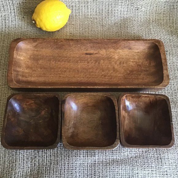 Accents Vintage Wood Serving Tray With 3 Bowls Poshmark