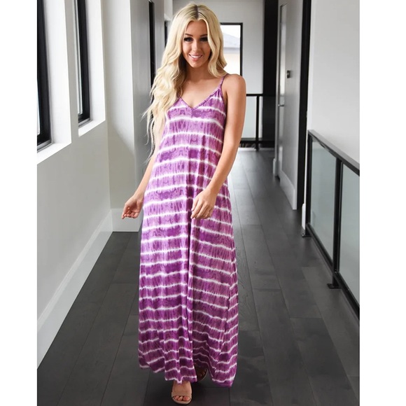Stunning Mystery Dresses Tie Dye Striped Slip Maxi Dress Violet