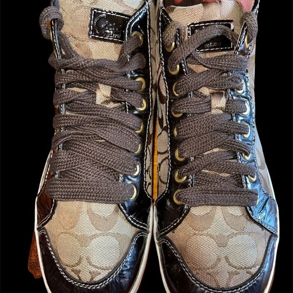Coach Shoes Coach Womens Brown Logo High Top Sneakers 9 2 Poshmark