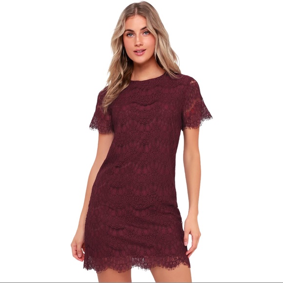 Lulu's Dresses Lulus Take Me To Brunch Burgundy Lace Shift Dress