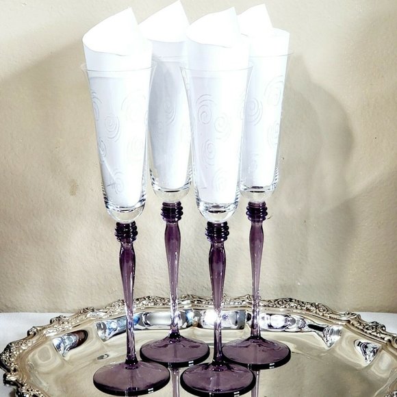 Unmarked Dining 4 Etched Swirl Tall Violet Purple Stem Champagne