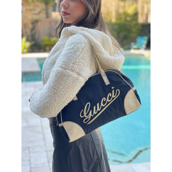 Gucci Bags Gucci Navy Canvas Script Logo Boulevard Boston Bowler Duffle Bag Poshmark