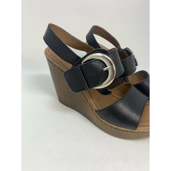 Born Shoes Born Emmy Black Leather Platform Wedge Open Toe Sandals