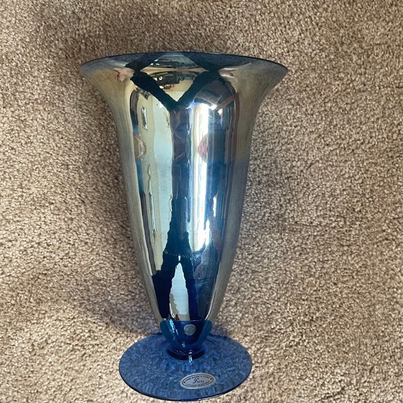 CYSExcel Accents Cys Excel Blue Carnival Glass Hand Blown Vase