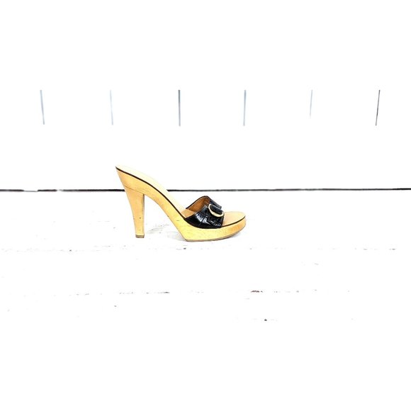 Nine West Shoes Nine West Black Leather High Heel Wooden Gold